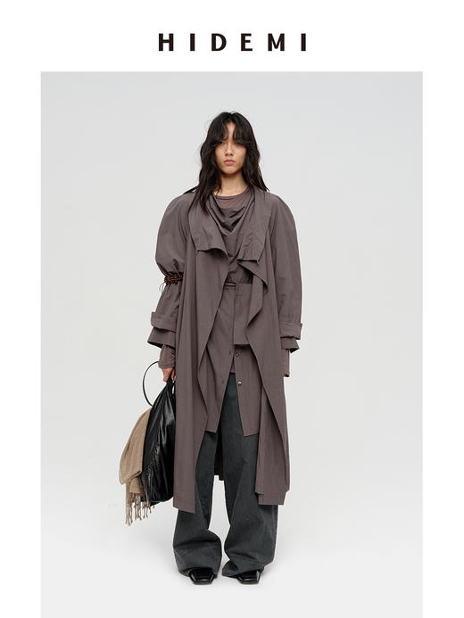 HIDEMI 极简设计感堆叠门襟可拆卸腰包多穿式宽肩廓形长款风衣 赭石红/雾霾蓝灰 商品图0