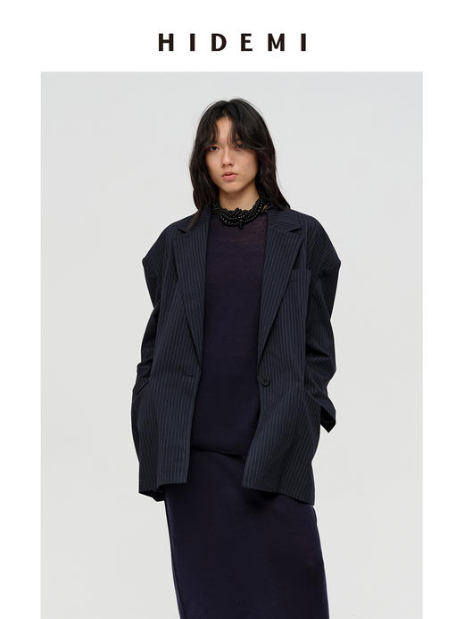 HIDEMI 秀款极简大廓形垫肩大宽肩藏蓝色色织条纹男朋友西装 商品图10
