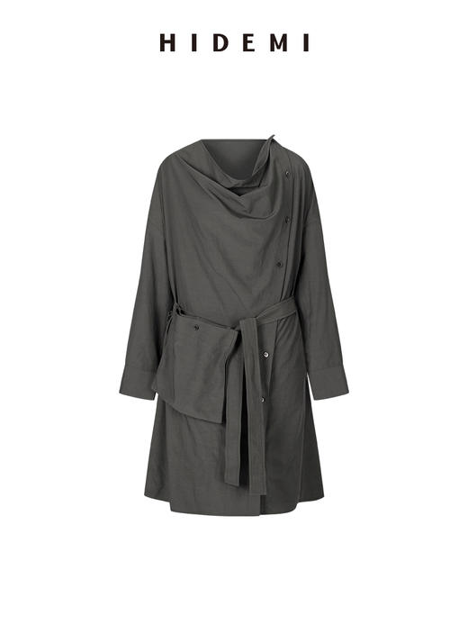 HIDEMI 极简设计感不对称纽扣门襟可拆卸腰包多穿式薄外套中长款上衣 赭石红/雾霾蓝灰 商品图9