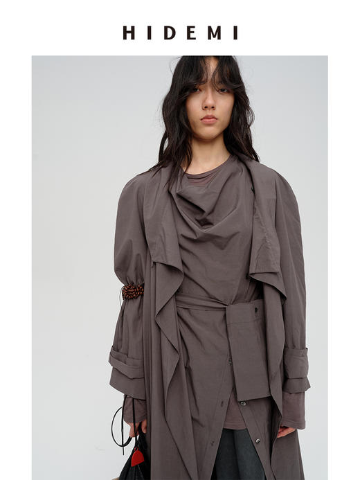 HIDEMI 极简设计感堆叠门襟可拆卸腰包多穿式宽肩廓形长款风衣 赭石红/雾霾蓝灰 商品图6