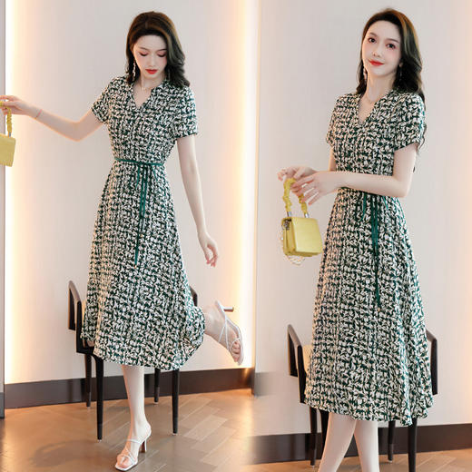 HRWW5239 2024年夏季新款连衣裙腰带拼色韩版时尚气质优雅碎花显瘦中长裙子 商品图1