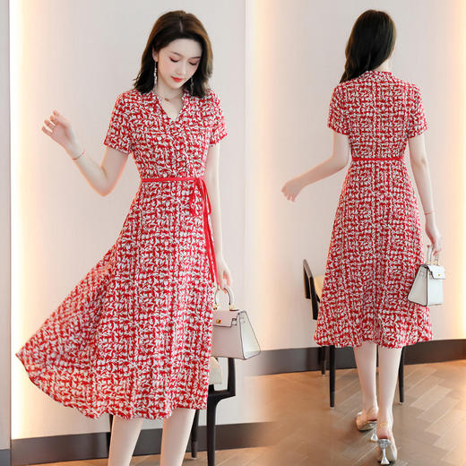 HRWW5239 2024年夏季新款连衣裙腰带拼色韩版时尚气质优雅碎花显瘦中长裙子 商品图3