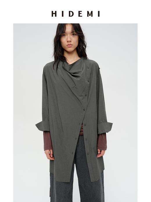 HIDEMI 极简设计感不对称纽扣门襟可拆卸腰包多穿式薄外套中长款上衣 赭石红/雾霾蓝灰 商品图6