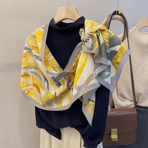 时尚新款长条丝巾女士韩版线条印花仿真丝中长薄款围巾防晒披肩 商品图1