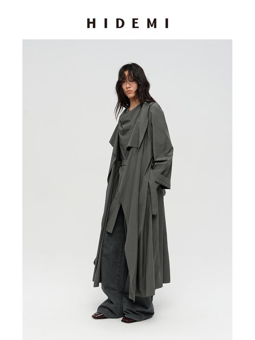 HIDEMI 极简设计感堆叠门襟可拆卸腰包多穿式宽肩廓形长款风衣 赭石红/雾霾蓝灰 商品图9