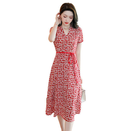 HRWW5239 2024年夏季新款连衣裙腰带拼色韩版时尚气质优雅碎花显瘦中长裙子 商品图4