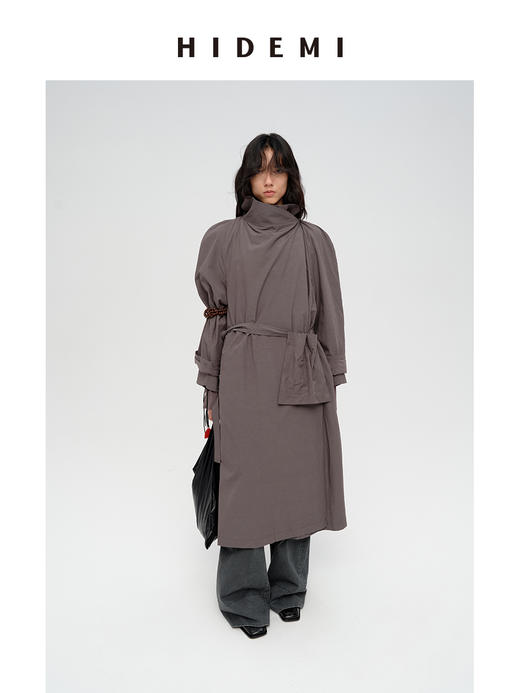 HIDEMI 极简设计感堆叠门襟可拆卸腰包多穿式宽肩廓形长款风衣 赭石红/雾霾蓝灰 商品图7