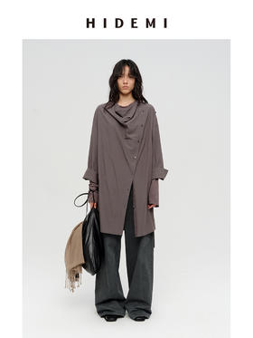 HIDEMI 极简设计感不对称纽扣门襟可拆卸腰包多穿式薄外套中长款上衣 赭石红/雾霾蓝灰