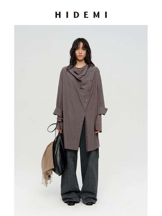 HIDEMI 极简设计感不对称纽扣门襟可拆卸腰包多穿式薄外套中长款上衣 赭石红/雾霾蓝灰 商品图0
