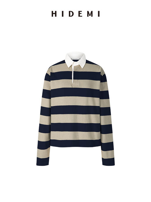 HIDEMI 小男孩系列自然棉色织条纹polo领拼接长袖T恤上衣 浅芸豆灰绿条纹/深炭灰绿条纹 商品图10