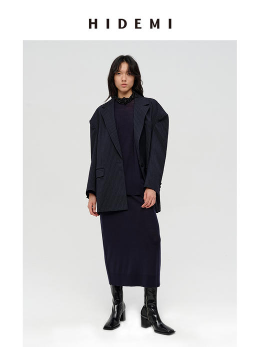 HIDEMI 秀款极简大廓形垫肩大宽肩藏蓝色色织条纹男朋友西装 商品图8