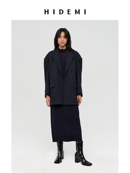 HIDEMI 秀款极简大廓形垫肩大宽肩藏蓝色色织条纹男朋友西装 商品图7