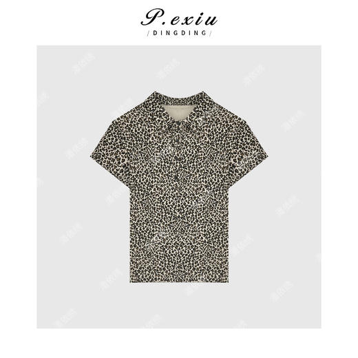 03-5潘依绣丁丁宠粉PanYiXiu/潘依绣复古小众设计感豹纹系扣翻领短袖T恤 W-62186 商品图1