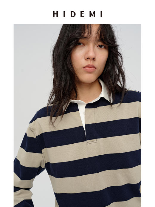 HIDEMI 小男孩系列自然棉色织条纹polo领拼接长袖T恤上衣 浅芸豆灰绿条纹/深炭灰绿条纹 商品图4