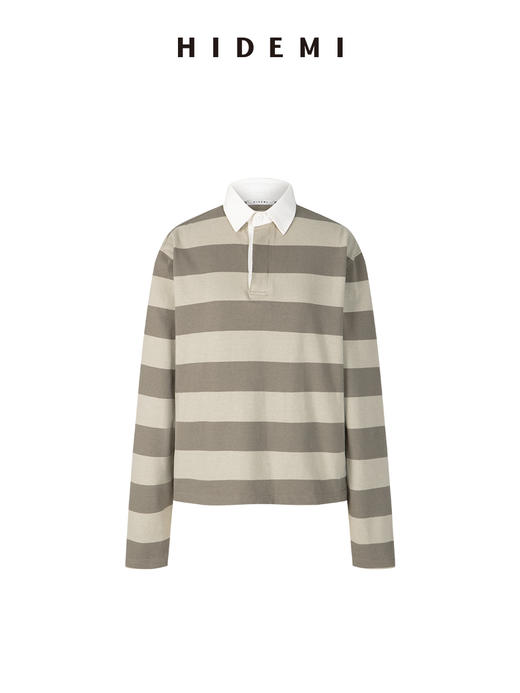 HIDEMI 小男孩系列自然棉色织条纹polo领拼接长袖T恤上衣 浅芸豆灰绿条纹/深炭灰绿条纹 商品图9