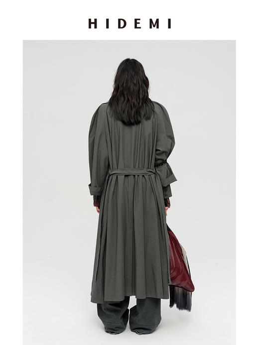 HIDEMI 极简设计感堆叠门襟可拆卸腰包多穿式宽肩廓形长款风衣 赭石红/雾霾蓝灰 商品图10