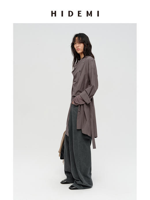 HIDEMI 极简设计感不对称纽扣门襟可拆卸腰包多穿式薄外套中长款上衣 赭石红/雾霾蓝灰 商品图2