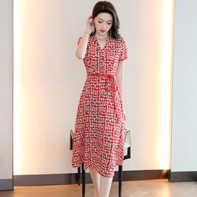 HRWW5239 2024年夏季新款连衣裙腰带拼色韩版时尚气质优雅碎花显瘦中长裙子