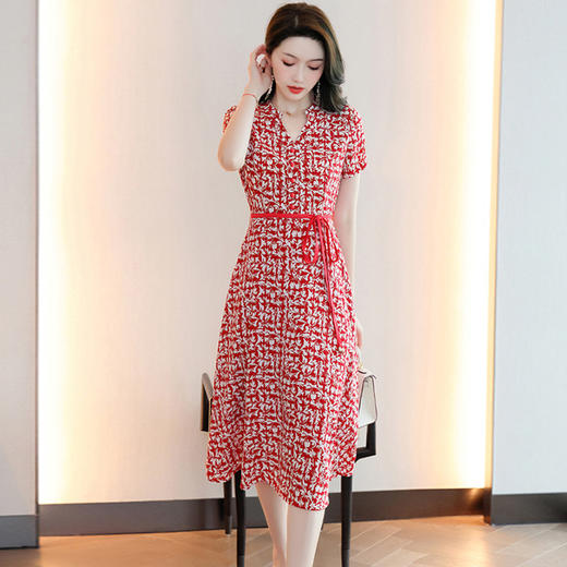 HRWW5239 2024年夏季新款连衣裙腰带拼色韩版时尚气质优雅碎花显瘦中长裙子 商品图0