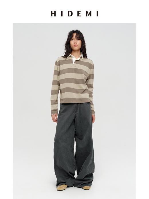 HIDEMI 小男孩系列自然棉色织条纹polo领拼接长袖T恤上衣 浅芸豆灰绿条纹/深炭灰绿条纹 商品图6