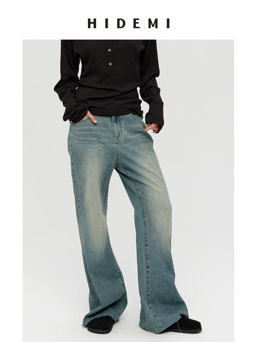 HIDEMI 多重水洗做旧感微喇叭宽松中低腰长裤牛仔裤 商品图0
