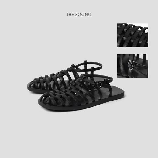 THESOONG|罗讷意制羊皮 超软超轻黑色编织平底凉鞋HWXZ4052 商品图1
