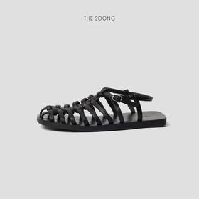 THESOONG|罗讷意制羊皮 超软超轻黑色编织平底凉鞋HWXZ4052