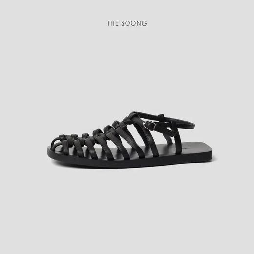 THESOONG|罗讷意制羊皮 超软超轻黑色编织平底凉鞋HWXZ4052 商品图0