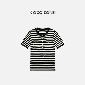 COCO ZONE 100绵羊毛条纹圆领短袖针织衫 CC1C1627