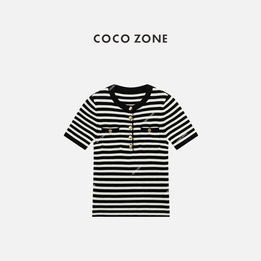 COCO ZONE 100绵羊毛条纹圆领短袖针织衫 CC1C1627 商品图0