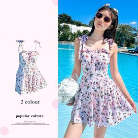 连体泳衣女2023新款性感碎花显瘦裙式泳装小胸聚拢度假温泉游泳衣