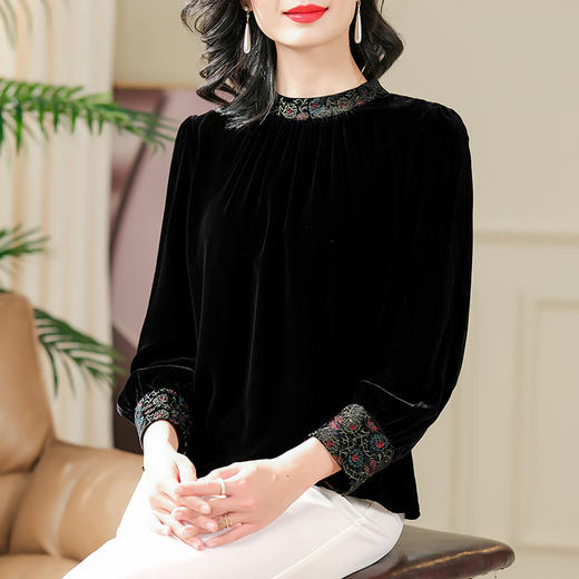 SM5058 新款高品质100真丝绒国风刺绣桑蚕丝上衣女长袖丝绒上衣 商品图1