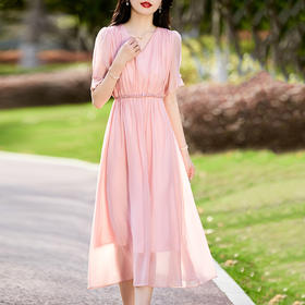 韩版纯色V领盘扣复古连衣裙 CWX9016