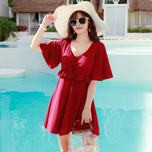 大码泳衣女爆款 连体裙式宽松遮肉显瘦 保守纯色泡温泉胖mm泳装 商品图3