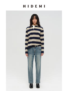 HIDEMI 小男孩系列自然棉色织条纹polo领拼接长袖T恤上衣 浅芸豆灰绿条纹/深炭灰绿条纹