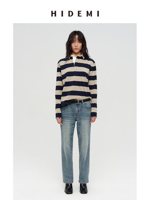 HIDEMI 小男孩系列自然棉色织条纹polo领拼接长袖T恤上衣 浅芸豆灰绿条纹/深炭灰绿条纹 商品图0