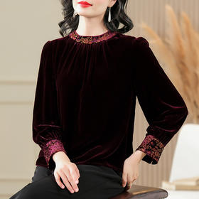SM5058 新款高品质100真丝绒国风刺绣桑蚕丝上衣女长袖丝绒上衣