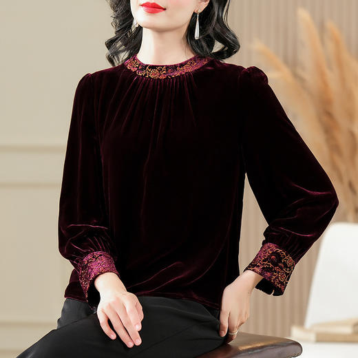 SM5058 新款高品质100真丝绒国风刺绣桑蚕丝上衣女长袖丝绒上衣 商品图0