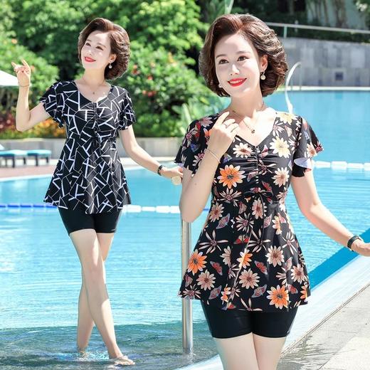 时尚妈妈款泳衣女 保守遮肚中年大码分体泳衣 中年MM时尚印花显瘦碎花短袖泳衣 商品图0