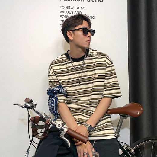 徐太浪美式休闲撞色条纹短袖T恤男夏季新款复古高级感五分袖体恤 商品图0