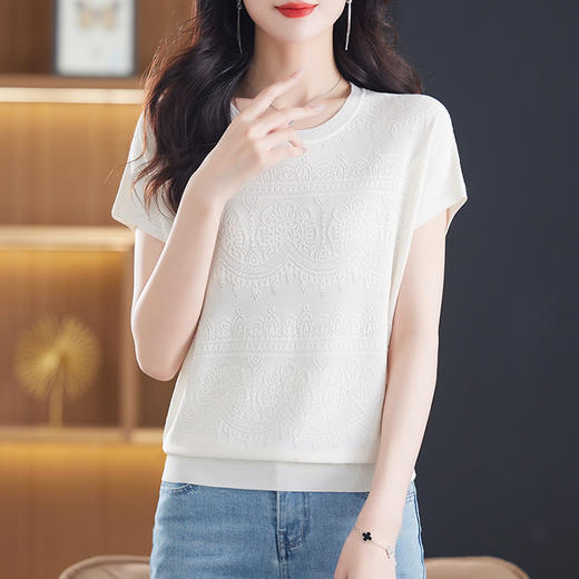 冰丝短袖t恤薄款，时尚提花圆领针织衫上衣CC-101-81111 商品图3