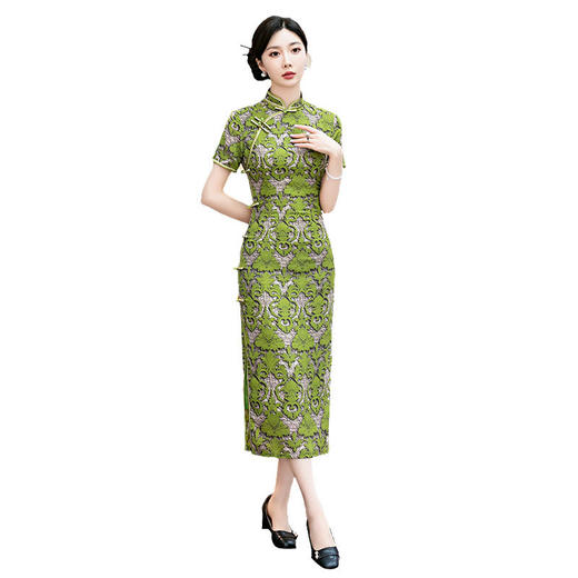 SYG-906绿色织锦提花旗袍2024春夏新中式复古民国风改良年轻款优雅气质 商品图4