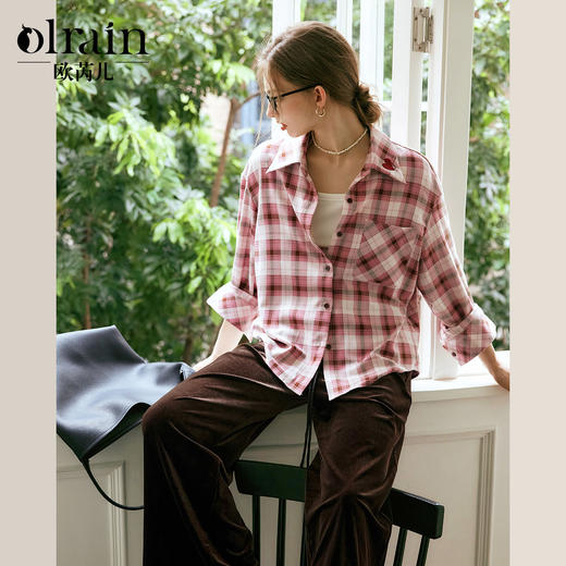 
OLrain欧芮儿法式格子长袖休闲衬衫女秋2024新款减龄宽松格纹衬衣 商品图0