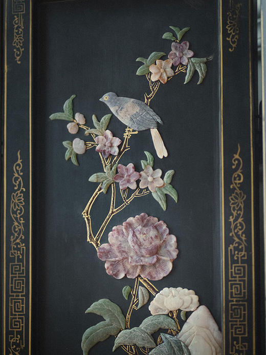 独角鹿西洋古董 20世纪中国创汇时期出品「国色天香」主题硬石镶嵌四曲屏风 商品图2