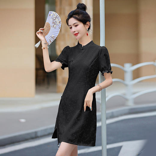 2025年夏款中长款立领短袖提花A字裙新中式国风气质连衣裙HMQY5326 商品图3
