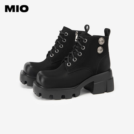 MIO米奥冬季圆头高跟户外靴牛皮革酷飒显高厚底马丁靴女靴M245630207 商品图2