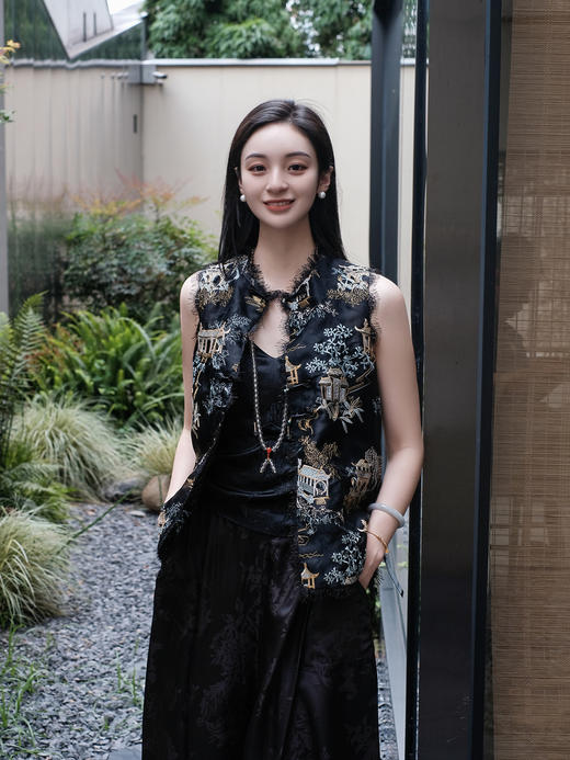  盛唐牡丹 |真丝绡如意湖亭黑蕾丝马甲 商品图2