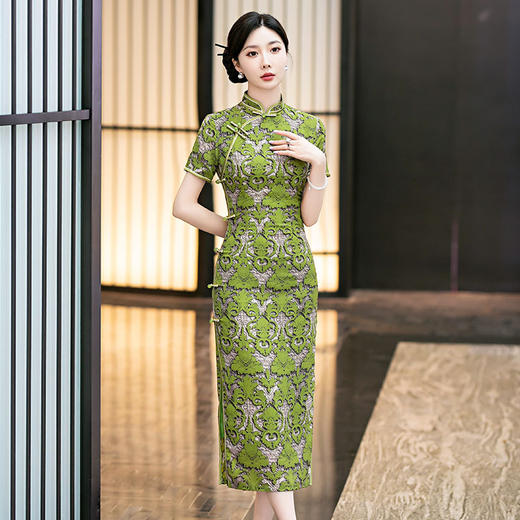 SYG-906绿色织锦提花旗袍2024春夏新中式复古民国风改良年轻款优雅气质 商品图0