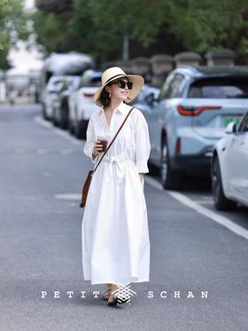 白百合 法式纯棉松紧腰白色连衣裙