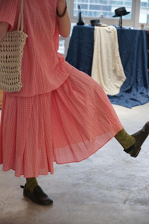 apuntob 粉红格纹弹性腰百褶裙半身裙 商品图1